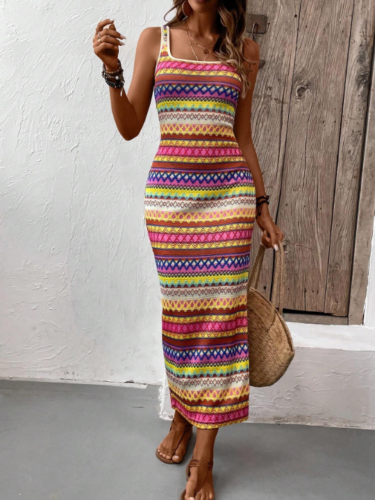 VCAY Summer Beach Geo Printed Slit Slim Fit Slip Long Dress