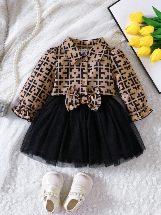 Baby Girl Geo Print Flare Sleeve Jacket & Bow Front Mesh Overlay Cami Dress