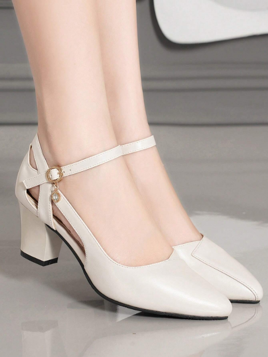 Women Buckle Decor Chunky Heeled Pumps, Elegant Outdoor Beige Ankle Strap Pumps