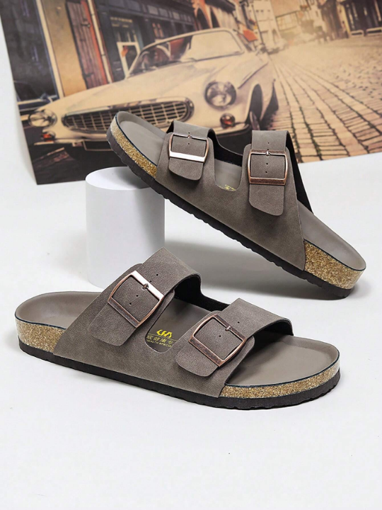 Men Buckle Decor Slides, Brown Outdoor Slides