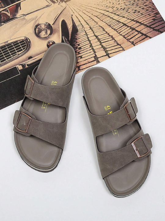 Men Buckle Decor Slides, Brown Outdoor Slides