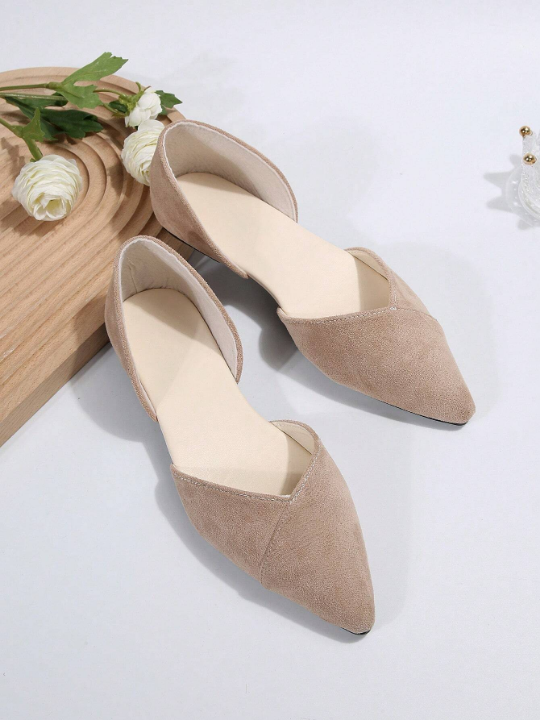 Women Apricot Stitch Detail Flats, Elegant Point Toe Ballet Flats For Outdoor