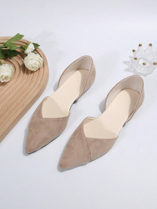 Women Apricot Stitch Detail Flats, Elegant Point Toe Ballet Flats For Outdoor