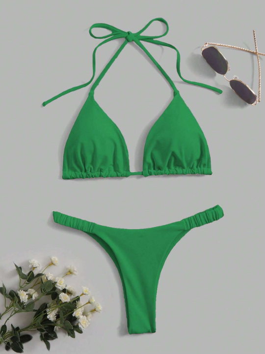 Swim Basics Solid Triangle Halter Bikini Swimsuit