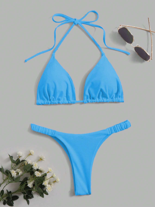 Swim Basics Solid Triangle Halter Bikini Swimsuit