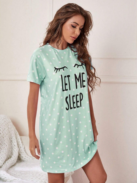 Slogan & Polka Dot Print Nightdress