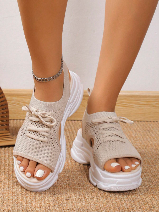 Women Beige Cut Out Design Lace Up Sports Sandals, Sporty Fabric Slingback Sandals For Summer