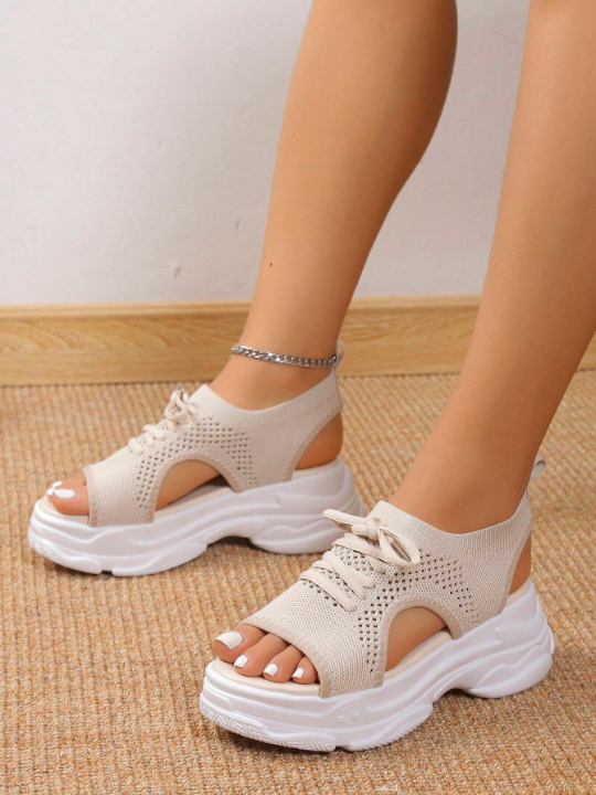 Women Beige Cut Out Design Lace Up Sports Sandals, Sporty Fabric Slingback Sandals For Summer