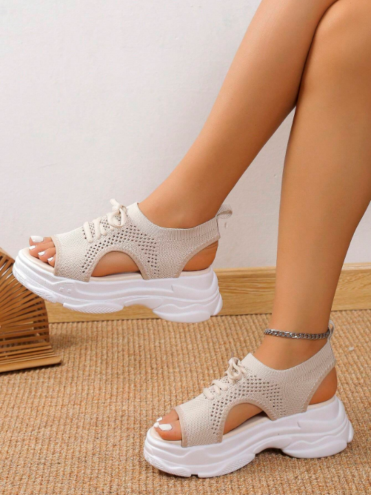 Women Beige Cut Out Design Lace Up Sports Sandals, Sporty Fabric Slingback Sandals For Summer