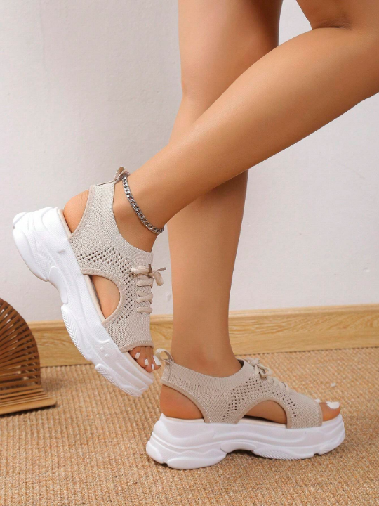 Women Beige Cut Out Design Lace Up Sports Sandals, Sporty Fabric Slingback Sandals For Summer