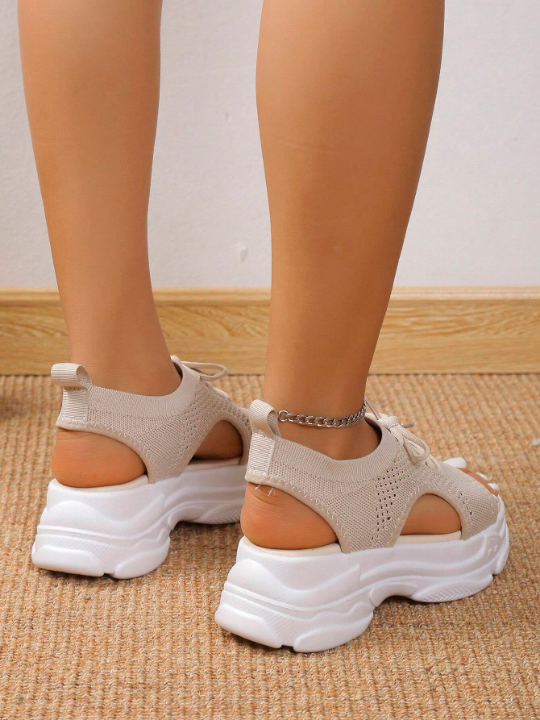 Women Beige Cut Out Design Lace Up Sports Sandals, Sporty Fabric Slingback Sandals For Summer