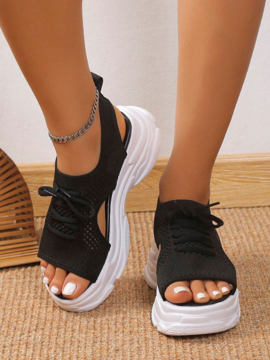 Women Black Cut Out Design Lace Up Sports Sandals, Sporty Fabric Slingback Sandals For Summer