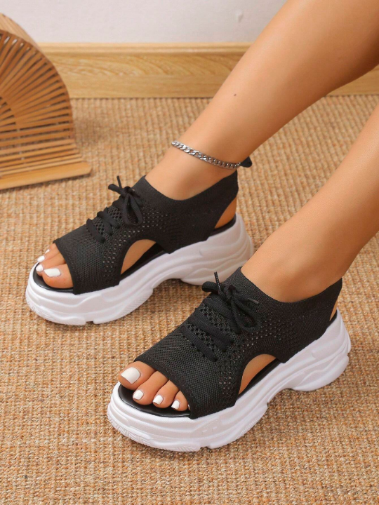 Women Black Cut Out Design Lace Up Sports Sandals, Sporty Fabric Slingback Sandals For Summer