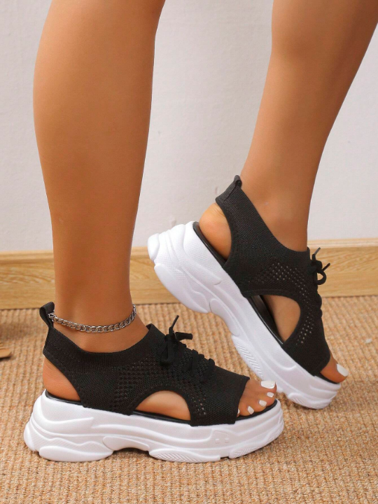 Women Black Cut Out Design Lace Up Sports Sandals, Sporty Fabric Slingback Sandals For Summer