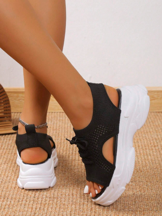 Women Black Cut Out Design Lace Up Sports Sandals, Sporty Fabric Slingback Sandals For Summer