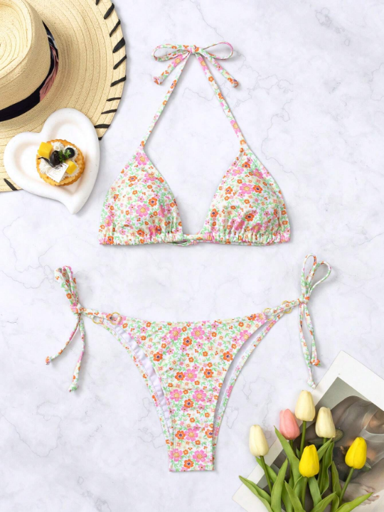 Swim Mod Ditsy Floral Halter Triangle Bikini Swimsuit