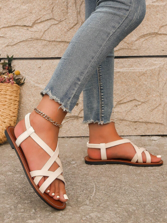 Women Criss Cross Hollow Out Flat Sandals, Fashionable Outdoor Slingback Sandals