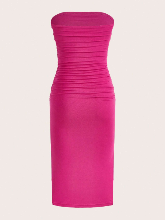 EZwear Solid Ruched Tube Bodycon Dress