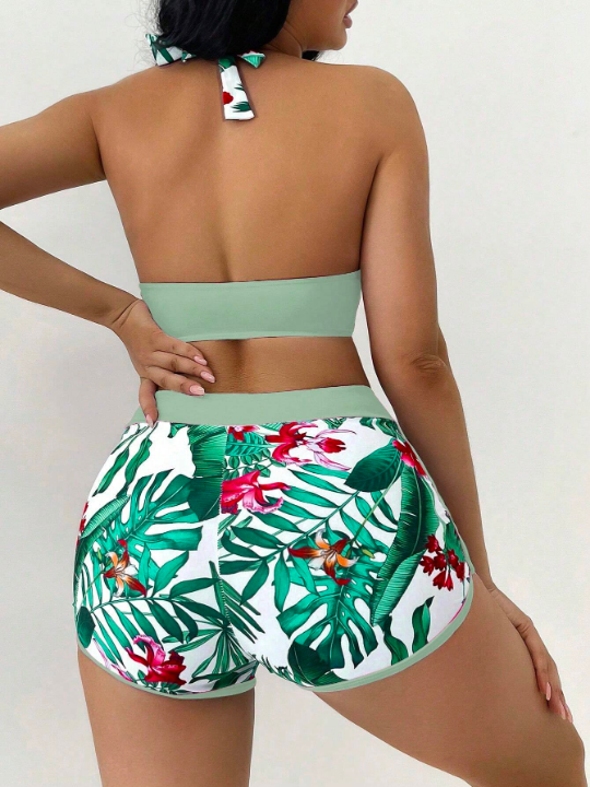 Tropical Print Halter Shorts Bikini Swimsuit