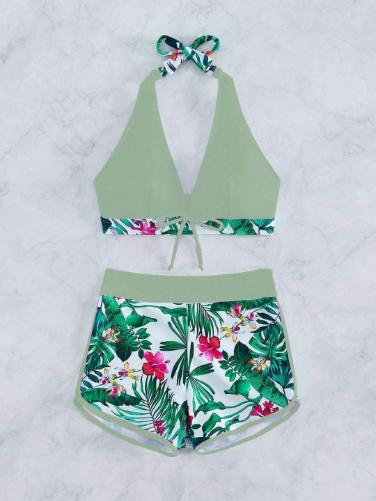 Tropical Print Halter Shorts Bikini Swimsuit