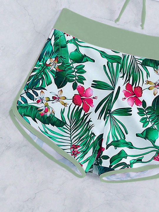 Tropical Print Halter Shorts Bikini Swimsuit