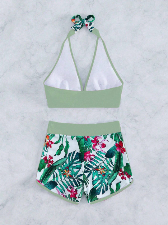 Tropical Print Halter Shorts Bikini Swimsuit