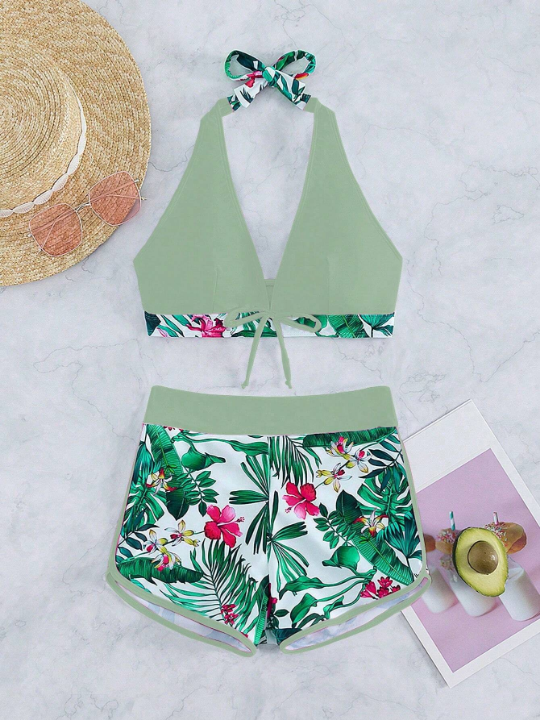 Tropical Print Halter Shorts Bikini Swimsuit