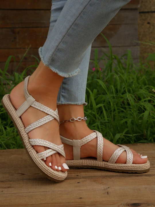 Women Braided Detail Criss Cross Slingback Sandals, Vacation Summer Flat Sandals