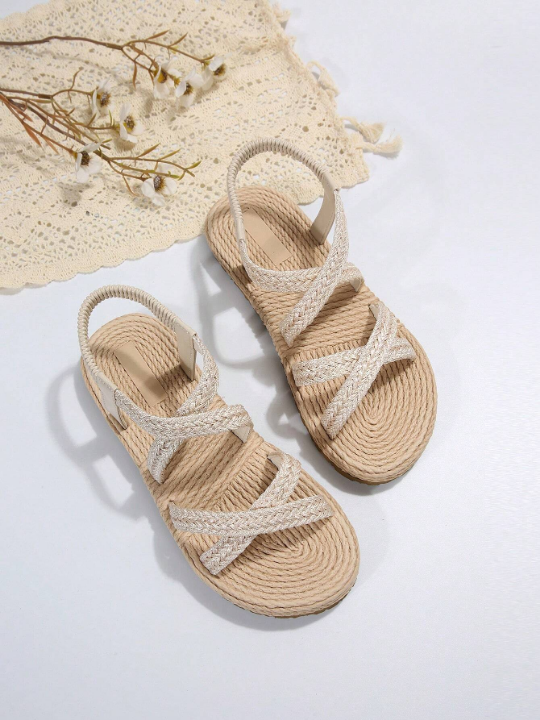 Women Braided Detail Criss Cross Slingback Sandals, Vacation Summer Flat Sandals