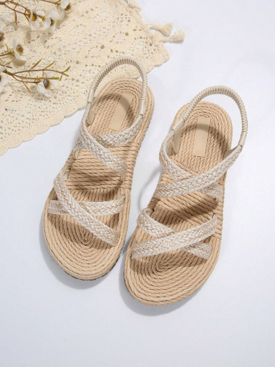 Women Braided Detail Criss Cross Slingback Sandals, Vacation Summer Flat Sandals