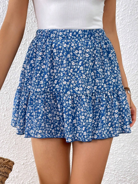 VCAY Ditsy Floral Print Ruffle Hem Skirt