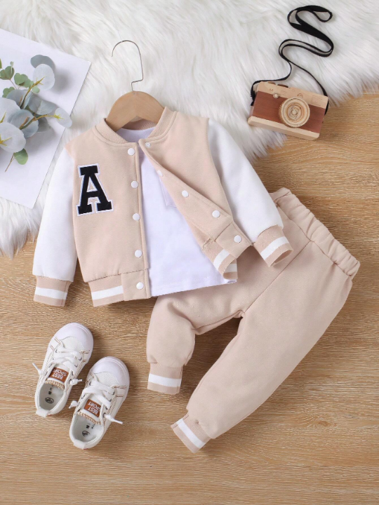 Baby Boy Letter Embroidery Striped Trim Varsity Jacket & Sweatpants Without Tee