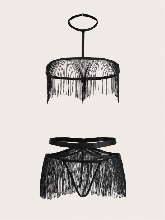 Fringe Hem Halter Lingerie Set