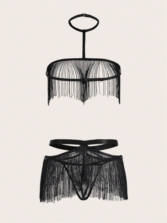 Fringe Hem Halter Lingerie Set