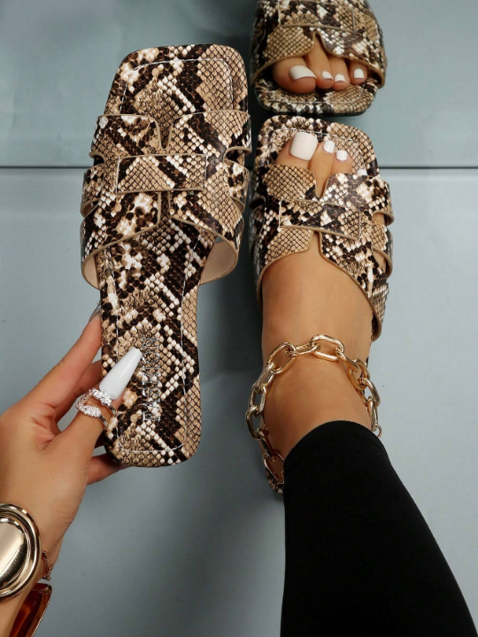 Women Snakeskin Embossed Slide Sandals, Elegant Summer Flat Sandals