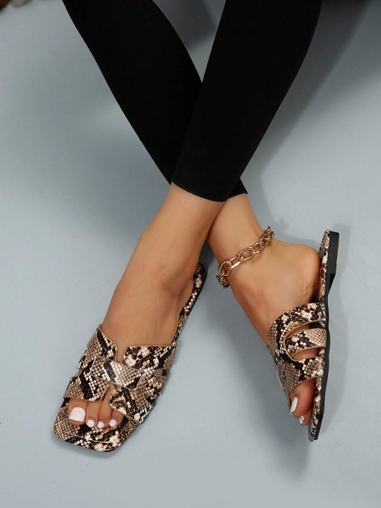 Women Snakeskin Embossed Slide Sandals, Elegant Summer Flat Sandals