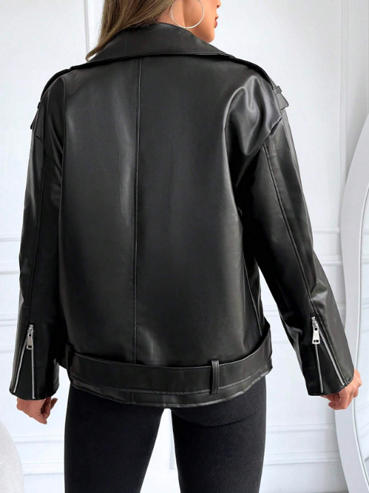 Essnce Zip Up Belted Patent Moto Jacket