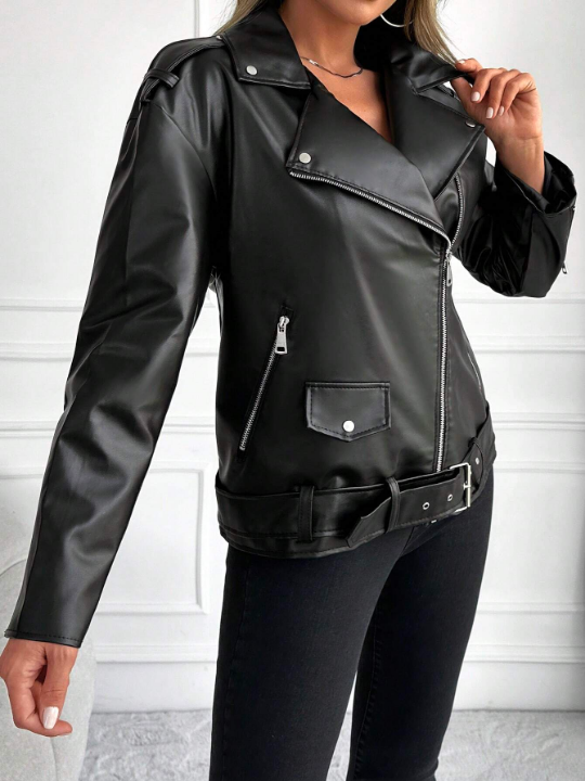 Essnce Zip Up Belted Patent Moto Jacket