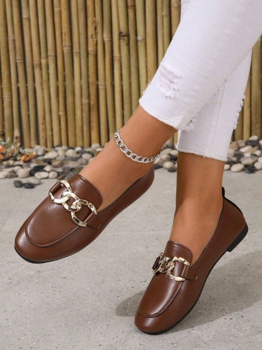 Women Chain Decor Square Toe Flats, Fashionable Brown Loafer Flats For Outdoor