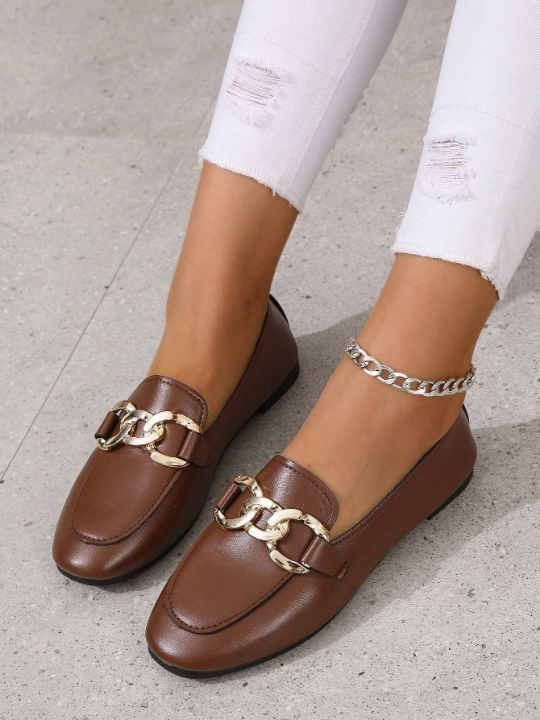Women Chain Decor Square Toe Flats, Fashionable Brown Loafer Flats For Outdoor