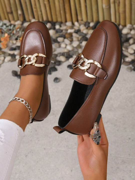 Women Chain Decor Square Toe Flats, Fashionable Brown Loafer Flats For Outdoor