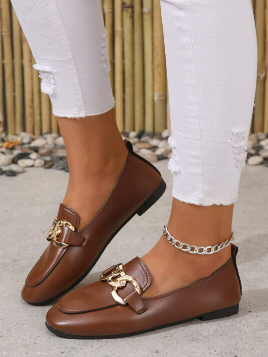 Women Chain Decor Square Toe Flats, Fashionable Brown Loafer Flats For Outdoor