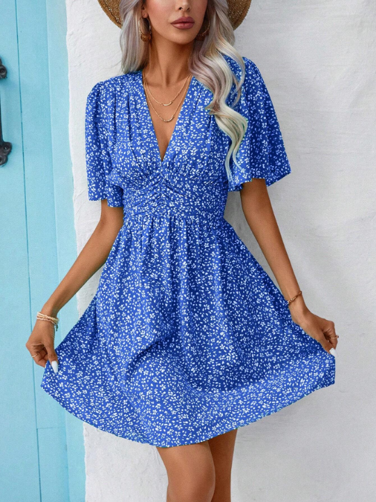 Frenchy Ditsy Floral Print Butterfly Sleeve Dress