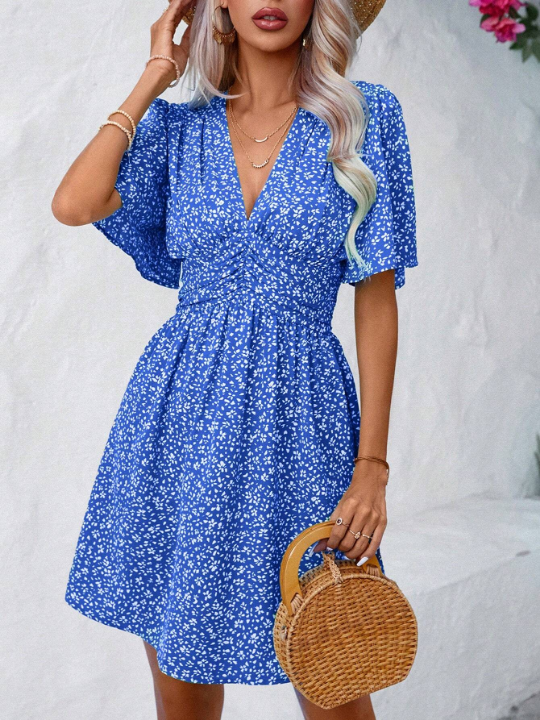 Frenchy Ditsy Floral Print Butterfly Sleeve Dress