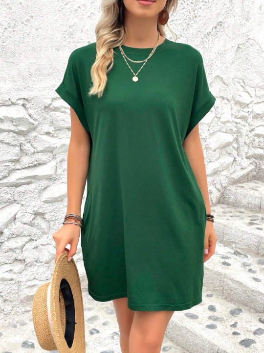 LUNE Solid Batwing Sleeve Tee Dress