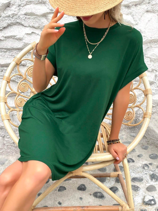 LUNE Solid Batwing Sleeve Tee Dress