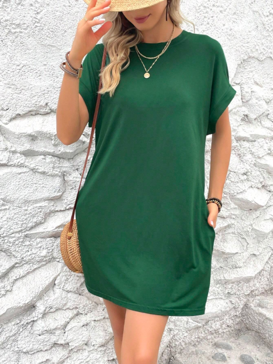 LUNE Solid Batwing Sleeve Tee Dress