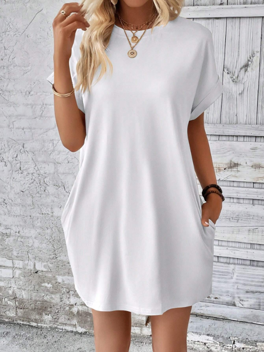 LUNE Solid Hidden Pocket Batwing Sleeve Tee Dress