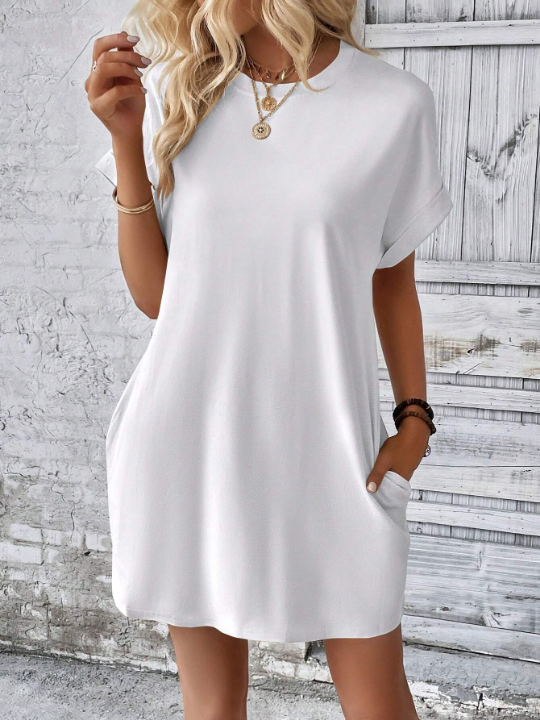 LUNE Solid Hidden Pocket Batwing Sleeve Tee Dress