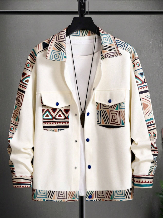 Manfinity Homme Loose Fit Men's Geometric Print Jacket With Flap Pockets